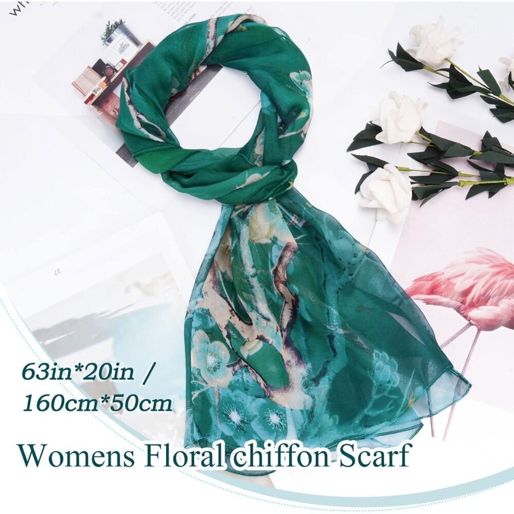 Women's Dark Green Fashion Lightweight Head Scarf Floral Print Chiffon Scarf - Picture 3 of 7